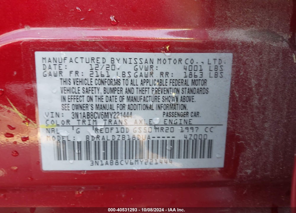 2021 NISSAN SENTRA SV XTRONIC CVT VIN: 3N1AB8CV6MY221444