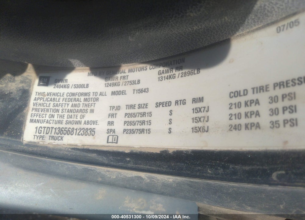 2006 GMC CANYON SLE2 VIN: 1GTDT136568123835