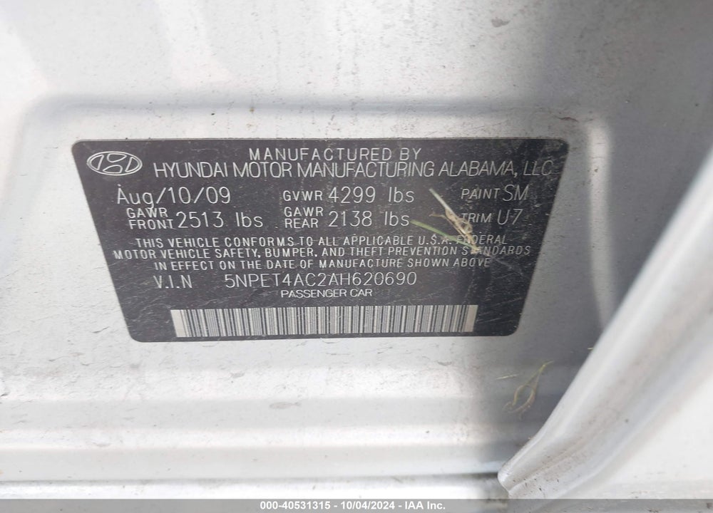 2010 HYUNDAI SONATA GLS PZEV VIN: 5NPET4AC2AH620690