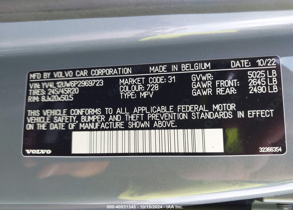 2023 VOLVO XC40 B5 PLUS DARK THEME VIN: YV4L12UW6P2969723