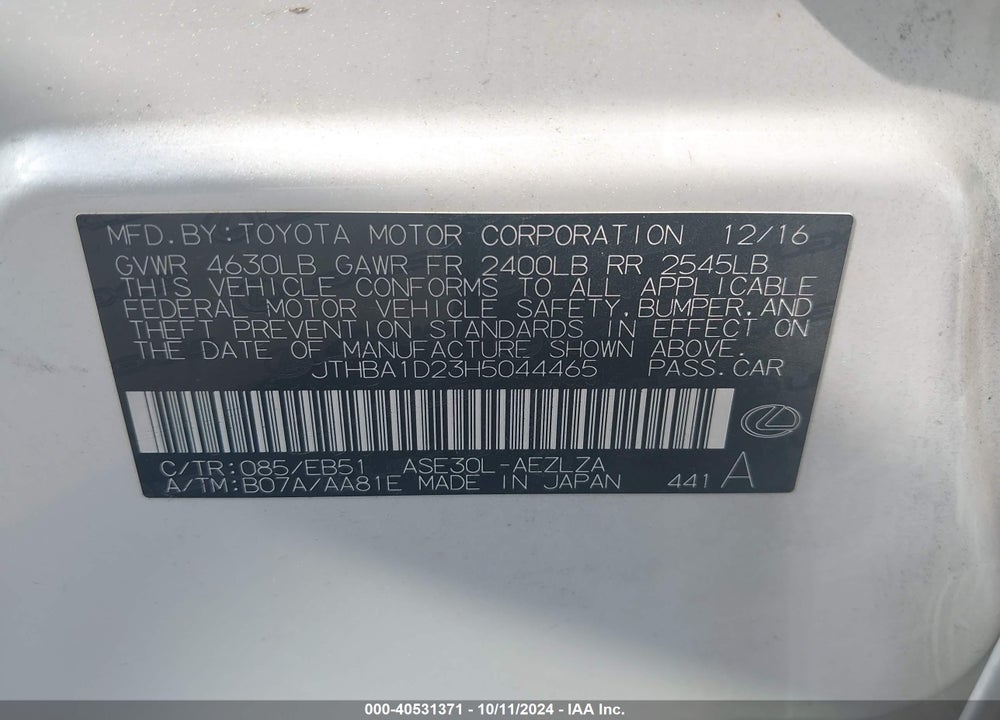 2017 LEXUS IS 200T VIN: JTHBA1D23H5044465