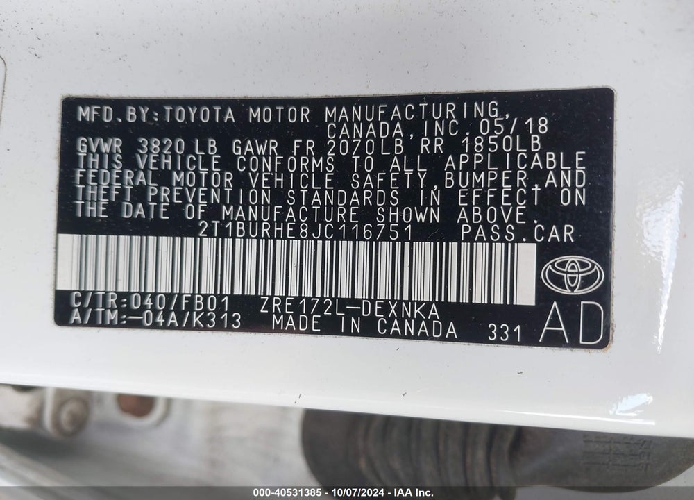 2018 TOYOTA COROLLA LE VIN: 2T1BURHE8JC116751