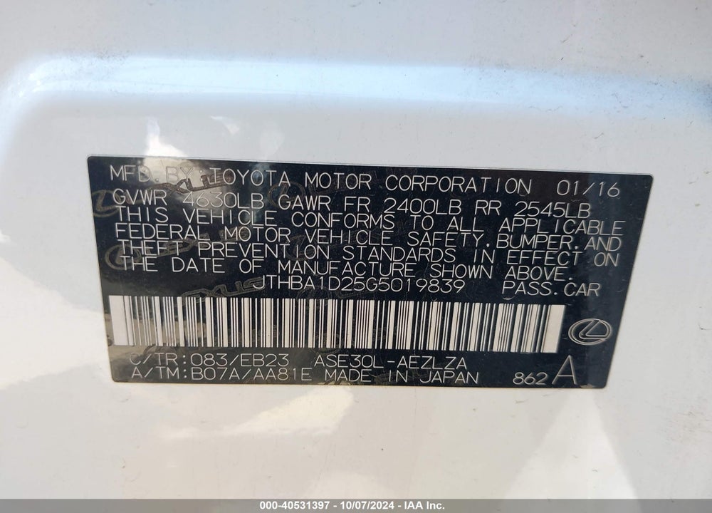 2016 LEXUS IS 200T VIN: JTHBA1D25G5019839