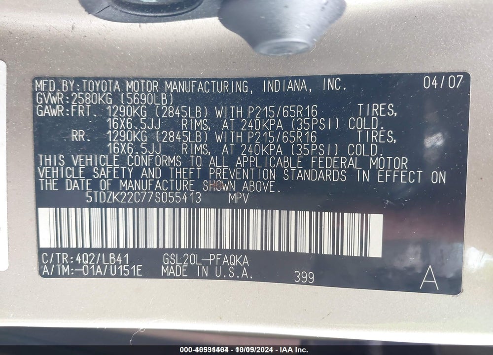2007 TOYOTA SIENNA XLE VIN: 5TDZK22C77S055413