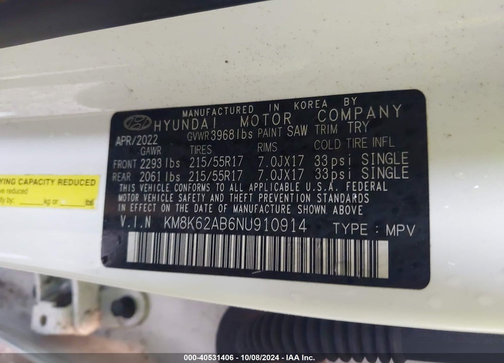 2022 HYUNDAI KONA SEL VIN: KM8K62AB6NU910914