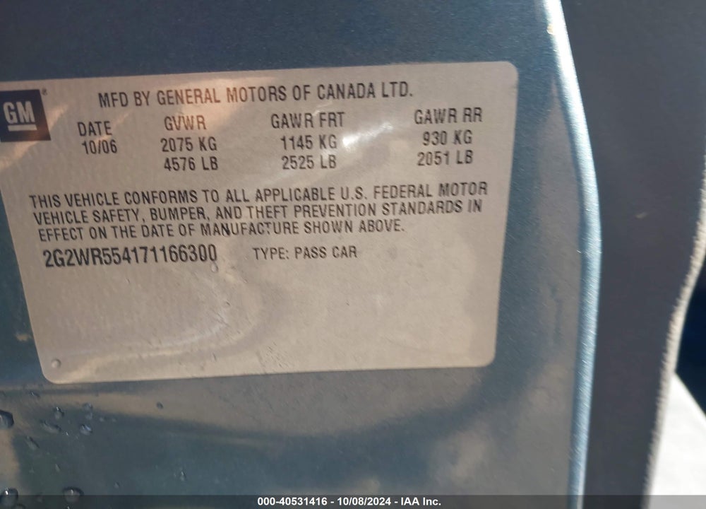 2007 PONTIAC GRAND PRIX GT VIN: 2G2WR554171166300