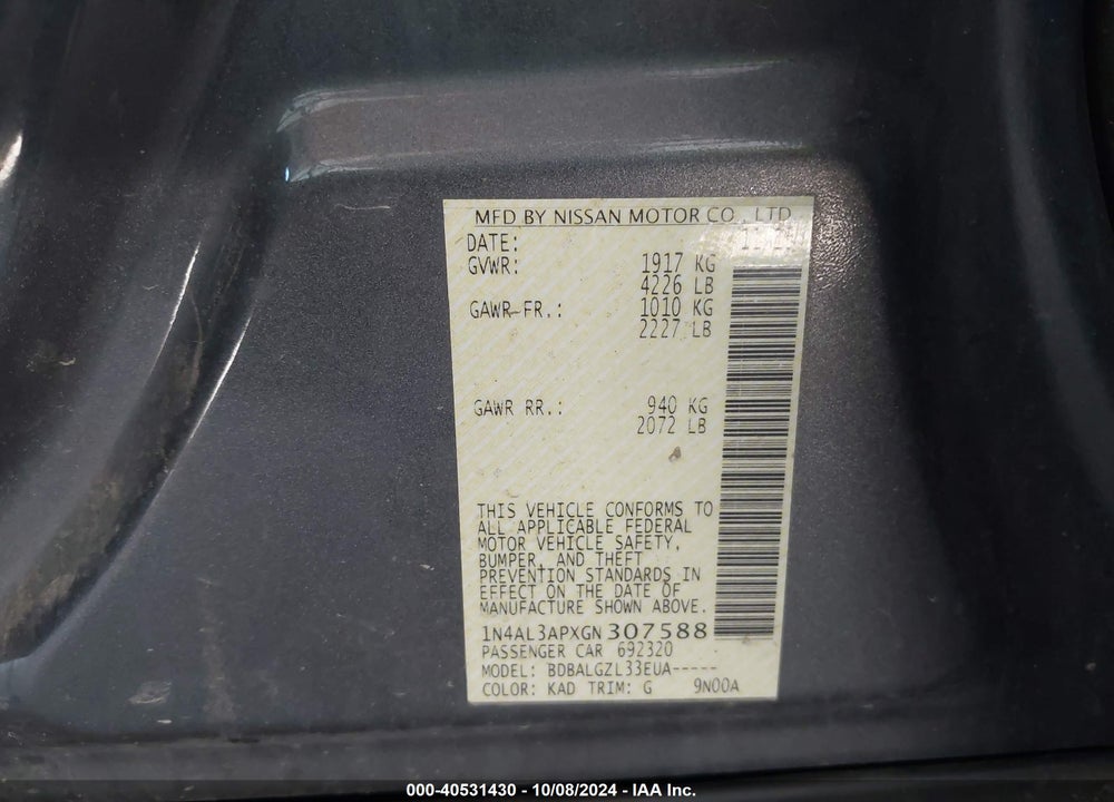 2016 NISSAN ALTIMA 2.5/2.5 S/2.5 SL/2.5 SR/2.5 SV VIN: 1N4AL3APXGN307588