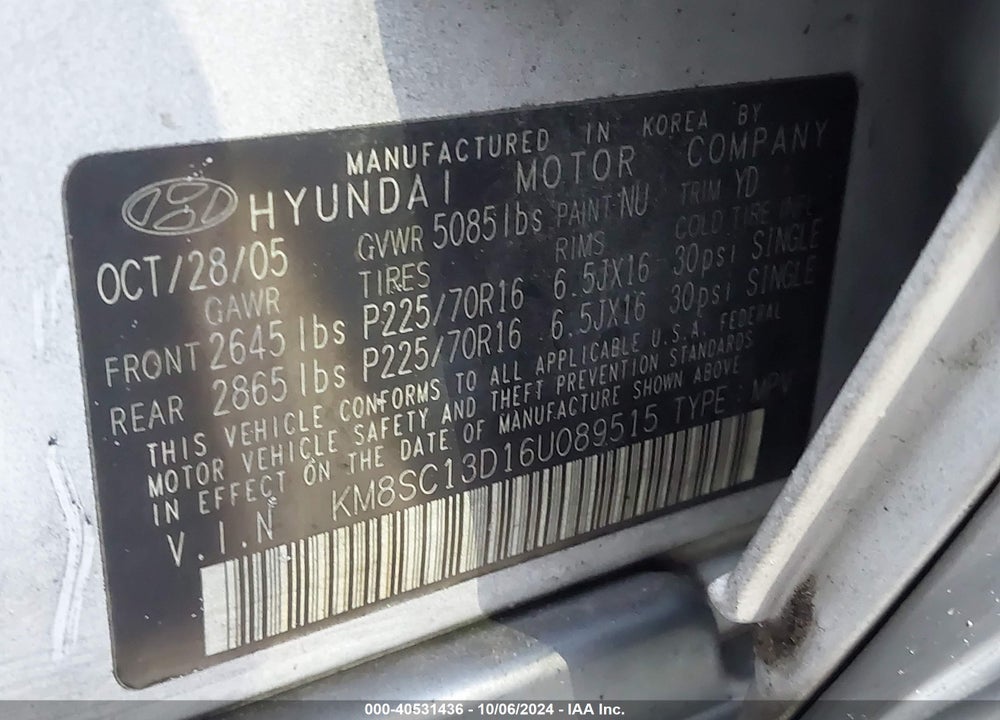 2006 HYUNDAI SANTA FE GLS VIN: KM8SC13D16U089515