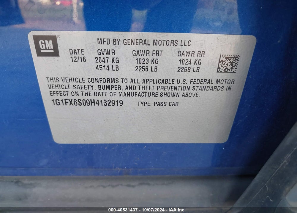 2017 CHEVROLET BOLT EV PREMIER VIN: 1G1FX6S09H4132919