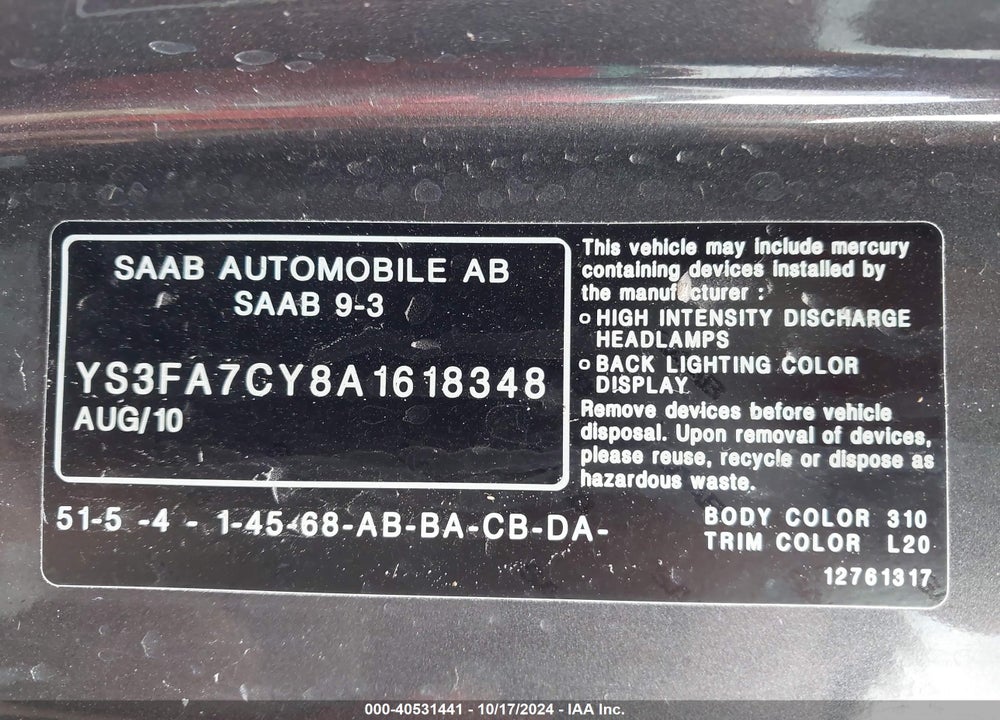 2010 SAAB 9 3 VIN: YS3FA7CY8A1618348