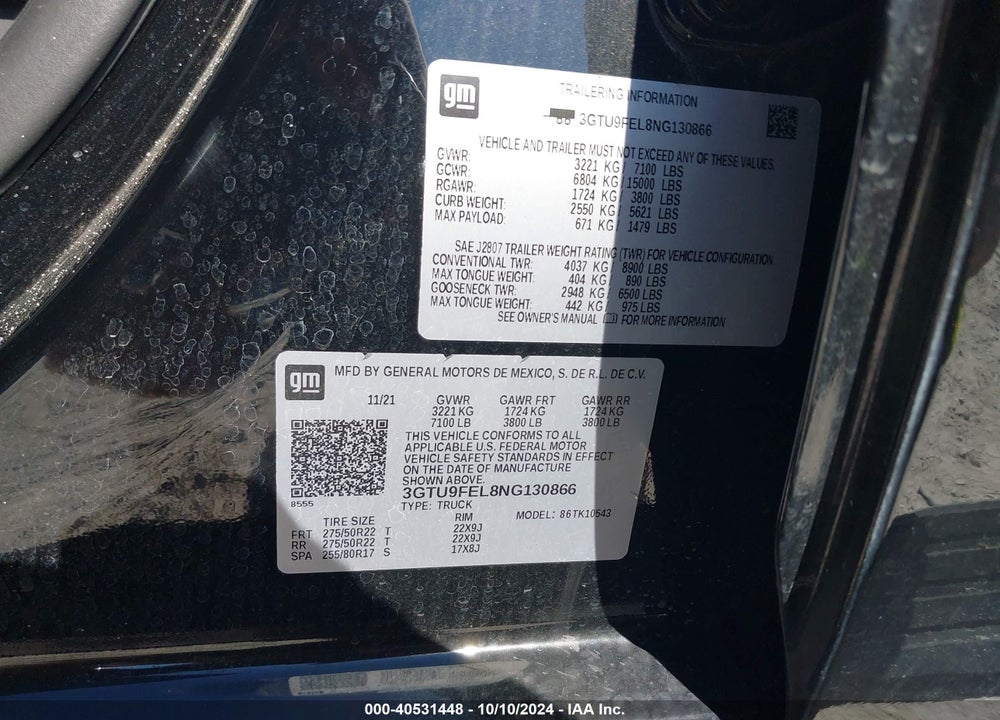 2022 GMC SIERRA 1500 LIMITED 4WD SHORT BOX DENALI VIN: 3GTU9FEL8NG130866