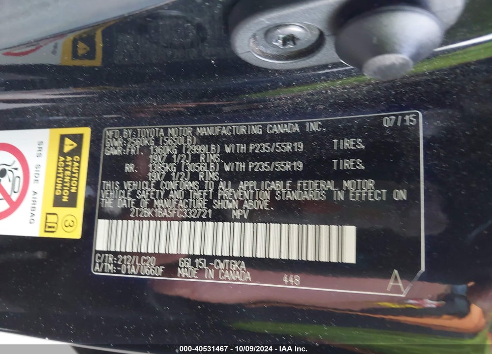 2015 LEXUS RX 350 VIN: 2T2BK1BA5FC332721