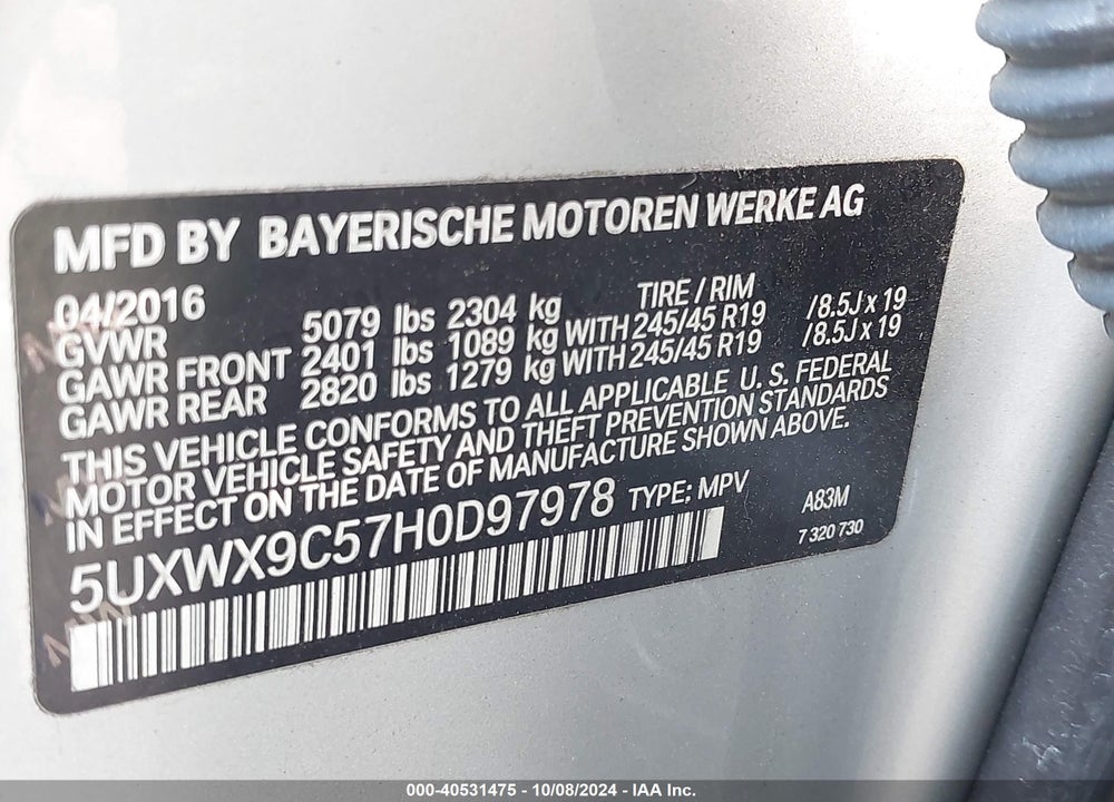 2017 BMW X3 XDRIVE28I VIN: 5UXWX9C57H0D97978