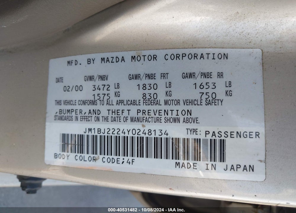 2000 MAZDA PROTEGE DX/LX VIN: JM1BJ2224Y0248134