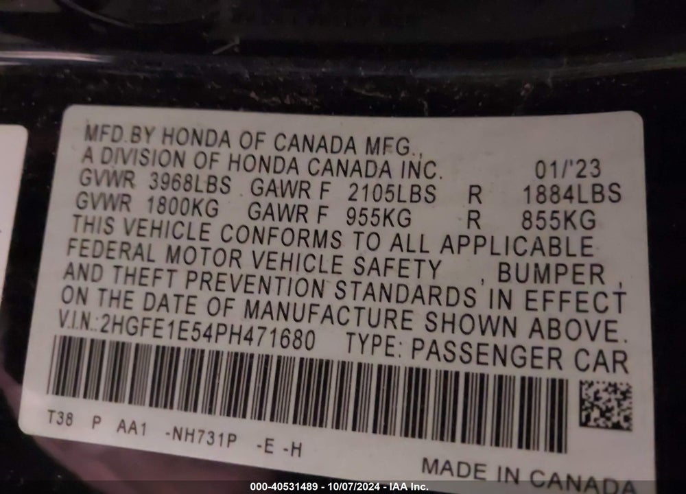 2023 HONDA CIVIC SI VIN: 2HGFE1E54PH471680