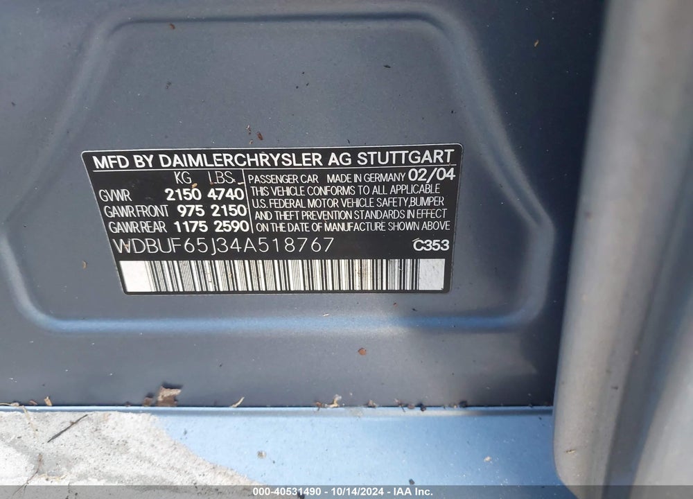 2004 MERCEDES-BENZ E 320 VIN: WDBUF65J34A518767