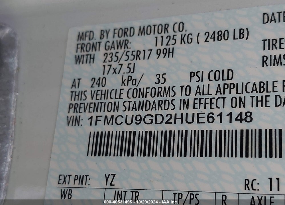 2017 FORD ESCAPE SE VIN: 1FMCU9GD2HUE61148
