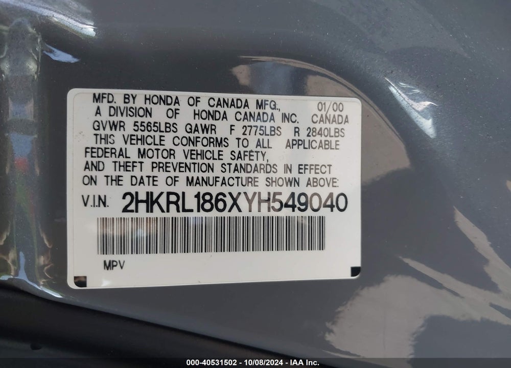 2000 HONDA ODYSSEY EX VIN: 2HKRL186XYH549040