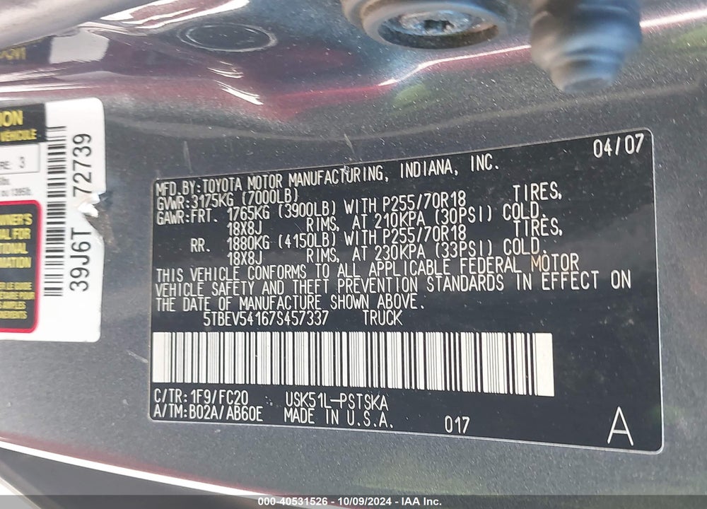 2007 TOYOTA TUNDRA SR5 5.7L V8 VIN: 5TBEV54167S457337