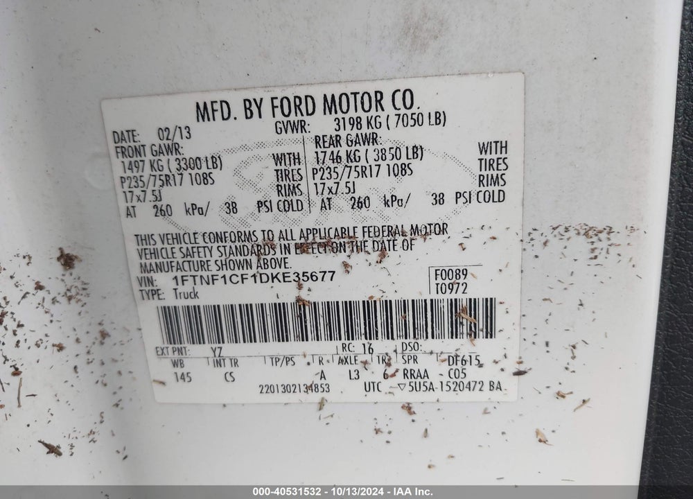 2013 FORD F-150 XL VIN: 1FTNF1CF1DKE35677
