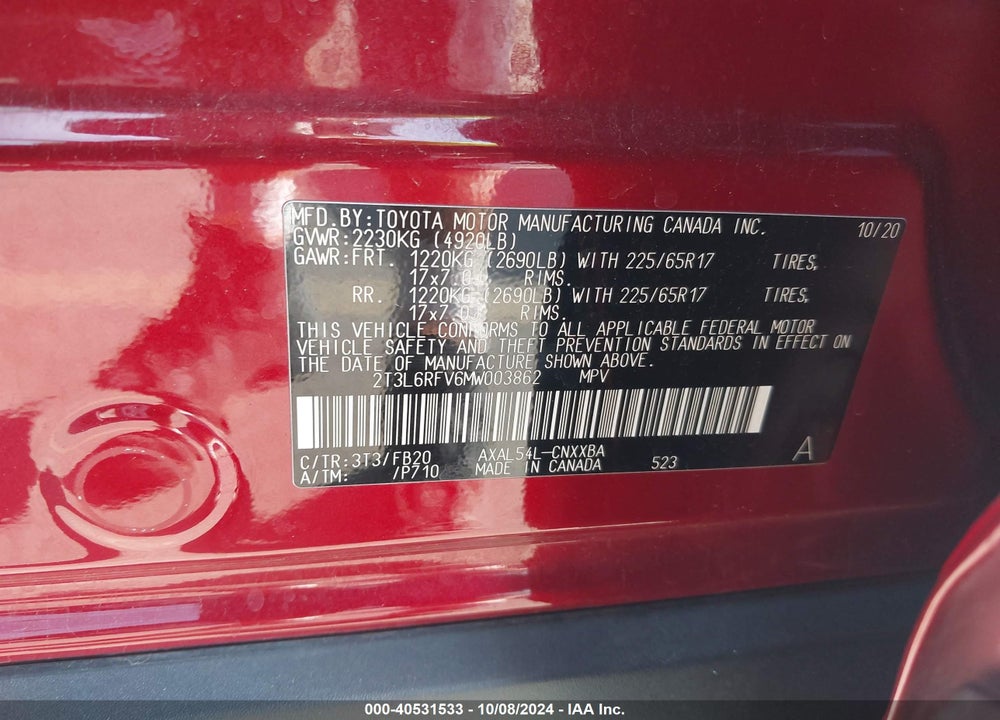 2021 TOYOTA RAV4 HYBRID LE VIN: 2T3L6RFV6MW003862