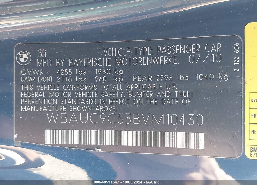 2011 BMW 135I VIN: WBAUC9C53BVM10430