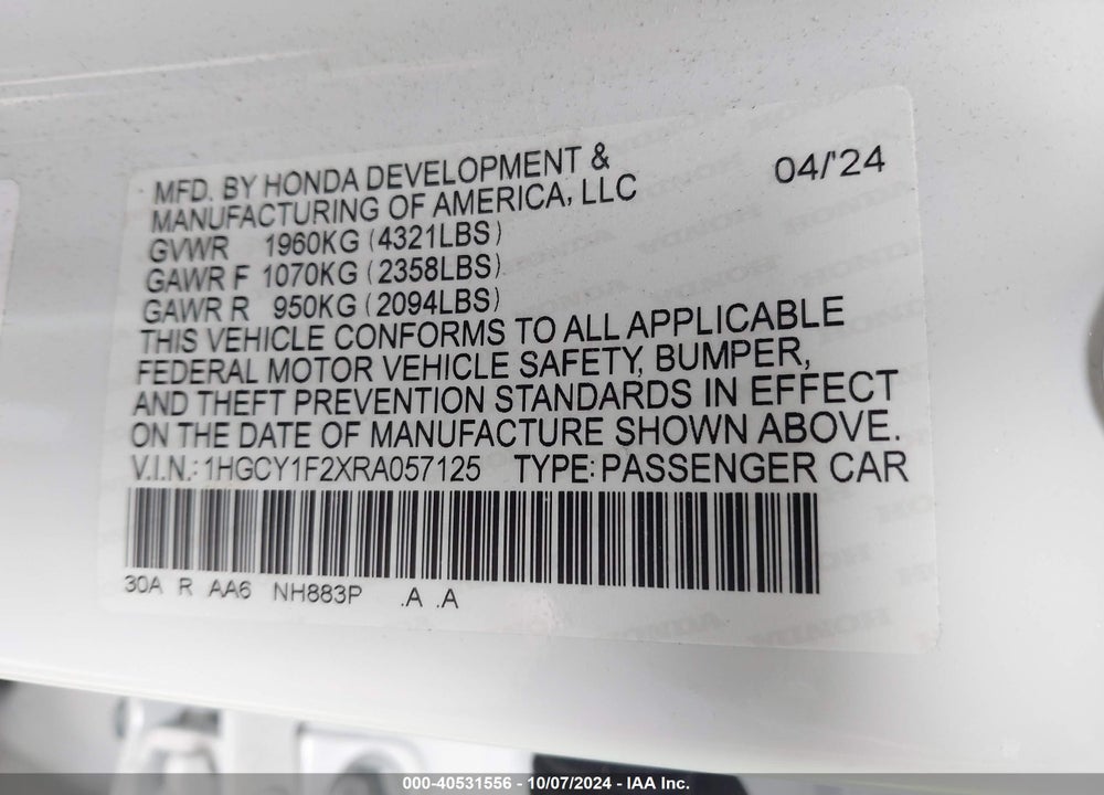 2024 HONDA ACCORD LX VIN: 1HGCY1F2XRA057125