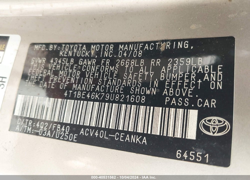 2009 TOYOTA CAMRY VIN: 4T1BE46K79U821608