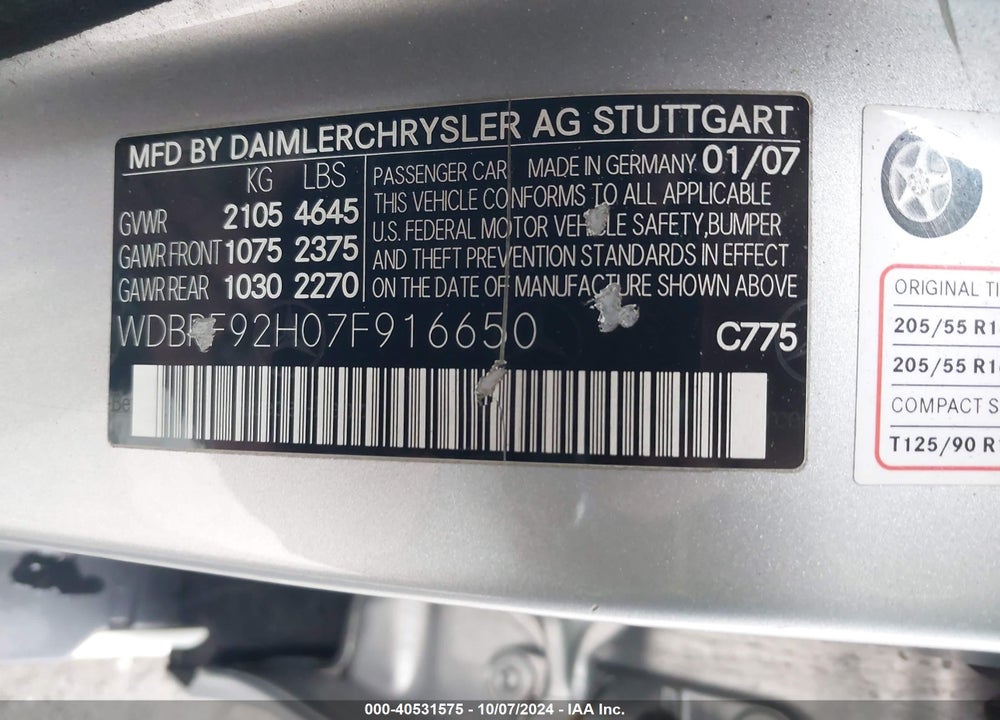 2007 MERCEDES-BENZ C 280 LUXURY 4MATIC VIN: WDBRF92H07F916650
