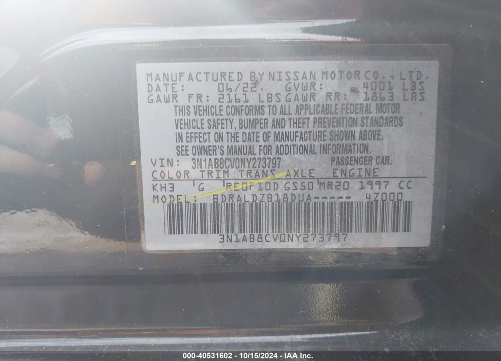 2022 NISSAN SENTRA SV XTRONIC CVT VIN: 3N1AB8CV0NY273797