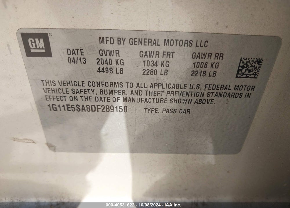 2013 CHEVROLET MALIBU VIN: 1G11E5SA8DF289150