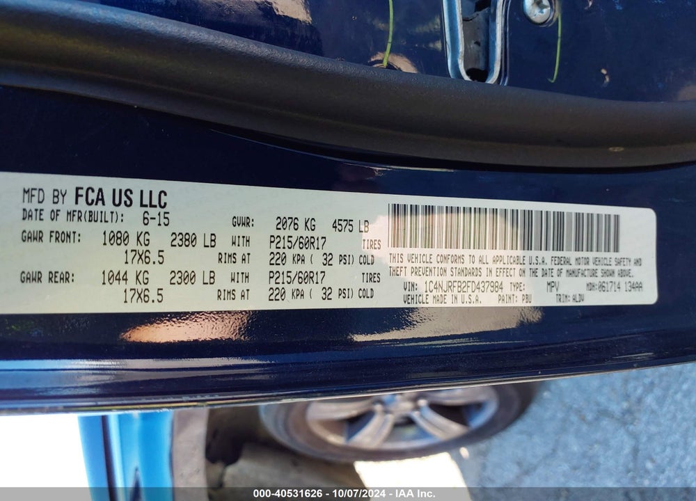 2015 JEEP PATRIOT HIGH ALTITUDE EDITION VIN: 1C4NJRFB2FD437984