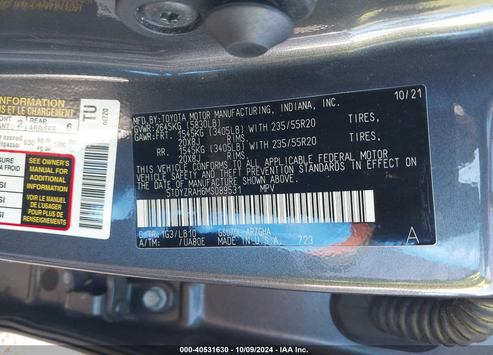 2021 TOYOTA HIGHLANDER LIMITED VIN: 5TDYZRAH6MS089531