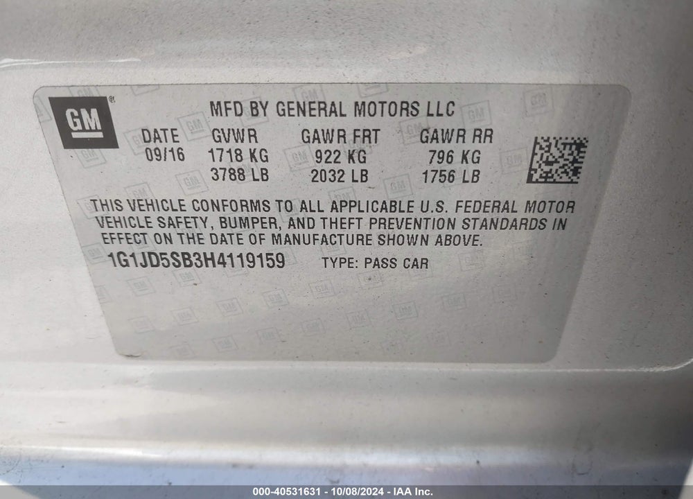 2017 CHEVROLET SONIC LT AUTO VIN: 1G1JD5SB3H4119159