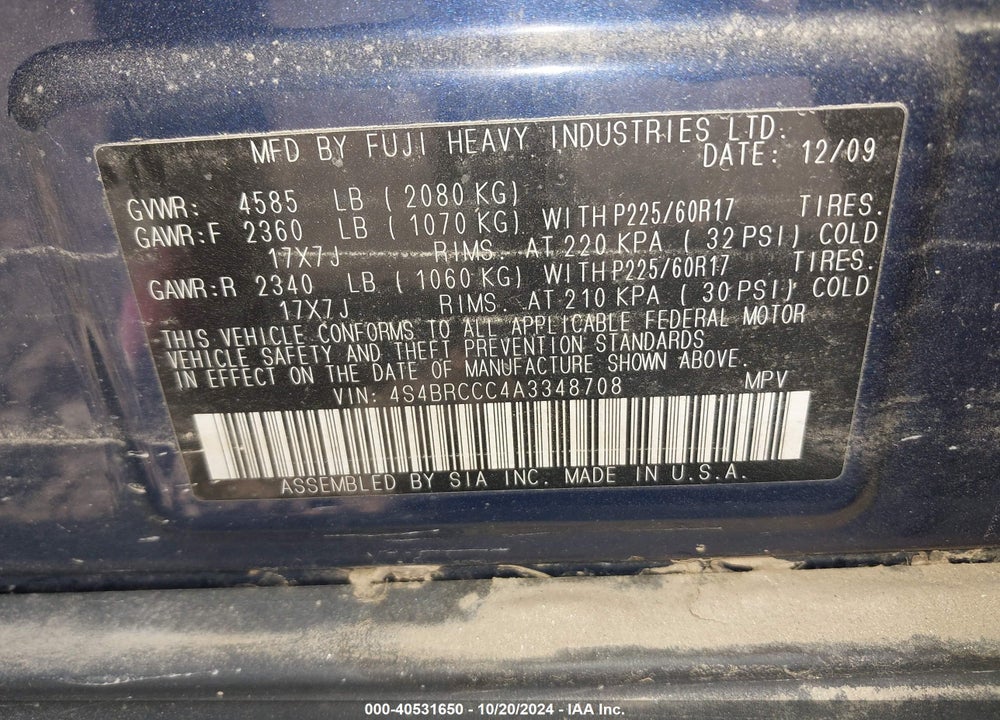2010 SUBARU OUTBACK 2.5I PREMIUM VIN: 4S4BRCCC4A3348708