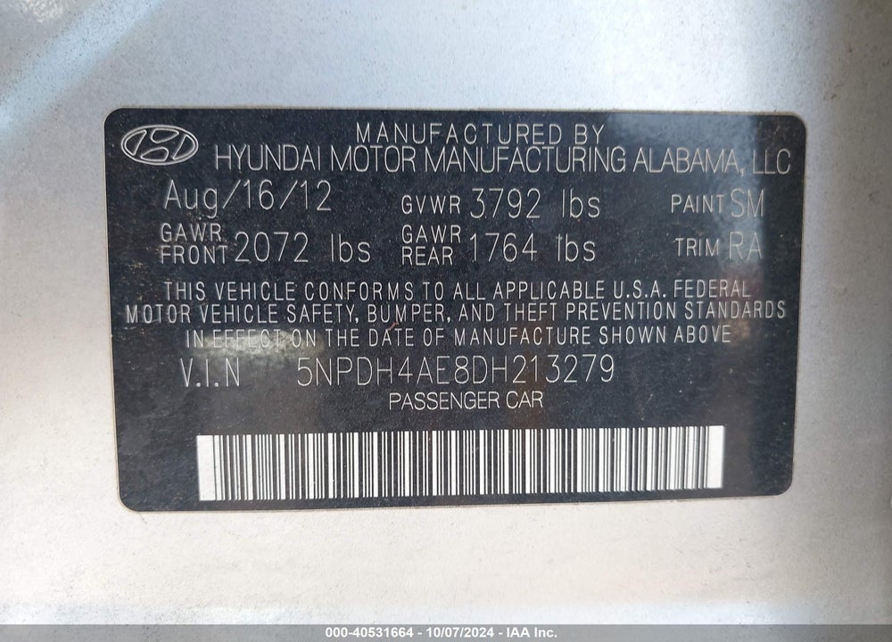 2013 HYUNDAI ELANTRA VIN: 5NPDH4AE8DH213279