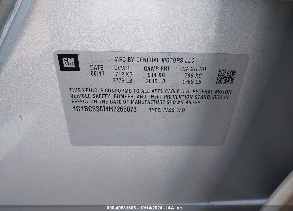 2017 CHEVROLET CRUZE LS AUTO VIN: 1G1BC5SM4H7268073
