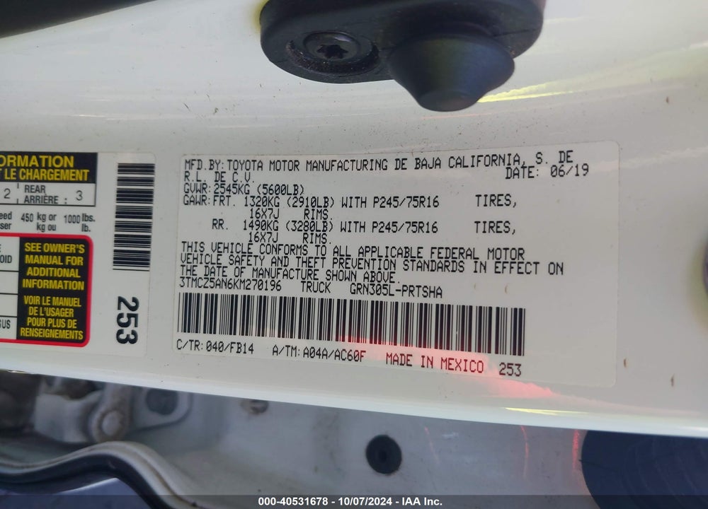 2019 TOYOTA TACOMA SR V6 VIN: 3TMCZ5AN6KM270196