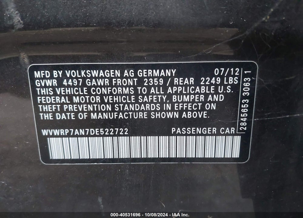 2013 VOLKSWAGEN CC LUX VIN: WVWRP7AN7DE522722