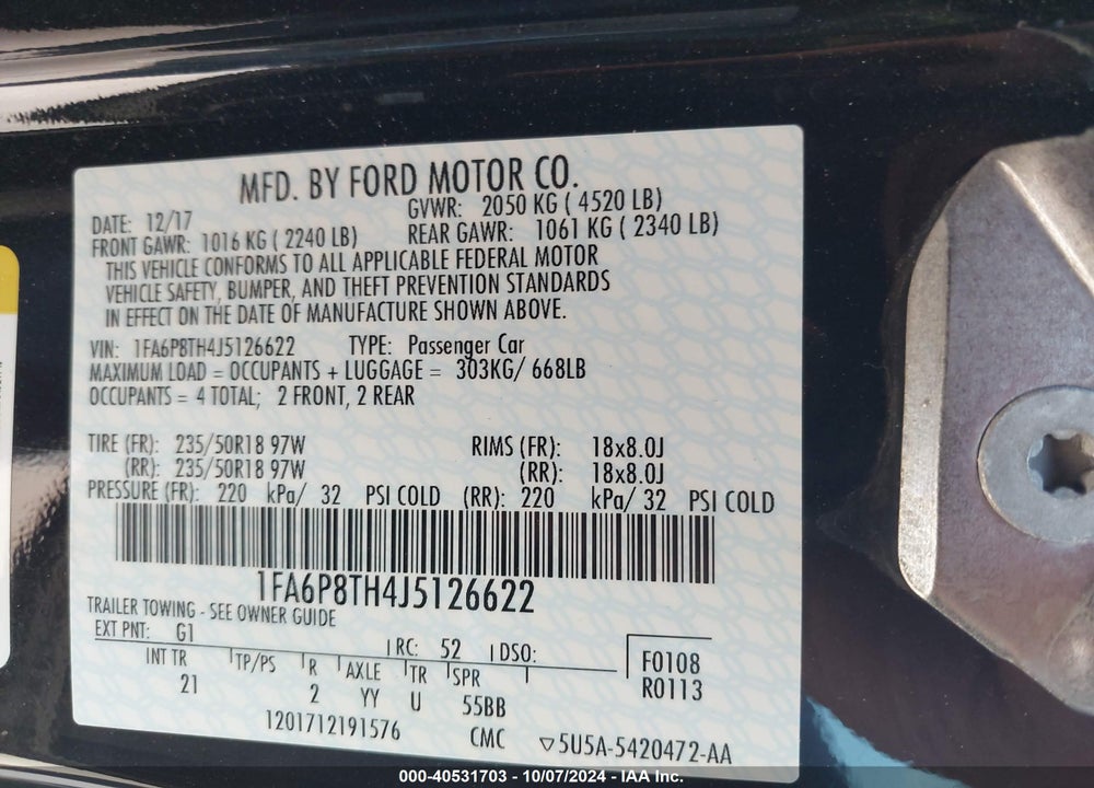 2018 FORD MUSTANG ECOBOOST VIN: 1FA6P8TH4J5126622