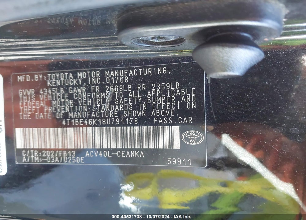 2008 TOYOTA CAMRY LE VIN: 4T1BE46K18U791178