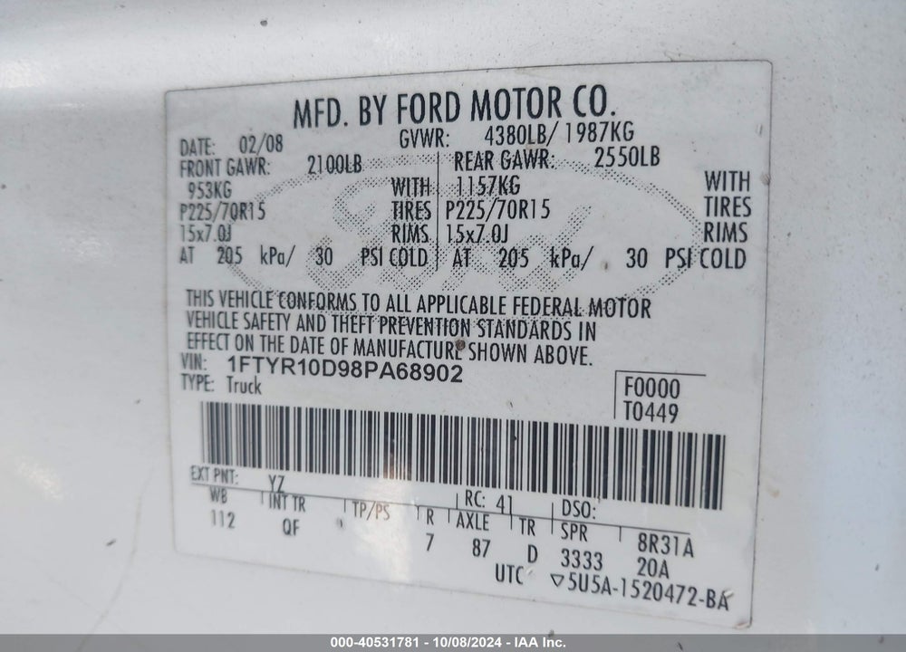 2008 FORD RANGER XL/XLT VIN: 1FTYR10D98PA68902