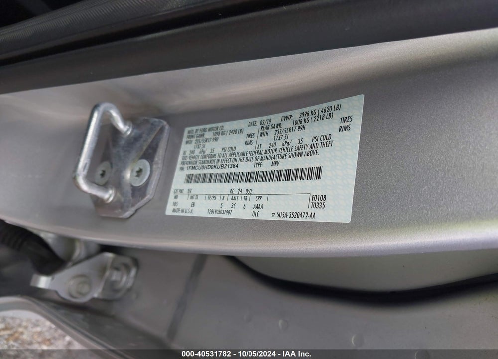2019 FORD ESCAPE SEL VIN: 1FMCU0HD0KUB21384