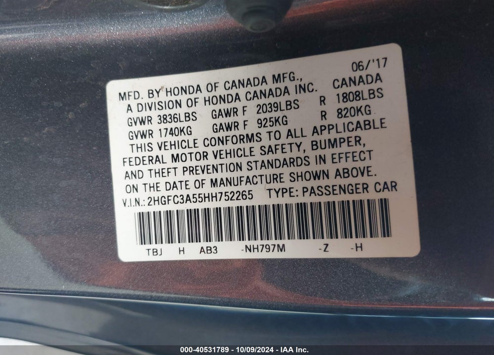 2017 HONDA CIVIC SI VIN: 2HGFC3A55HH752265