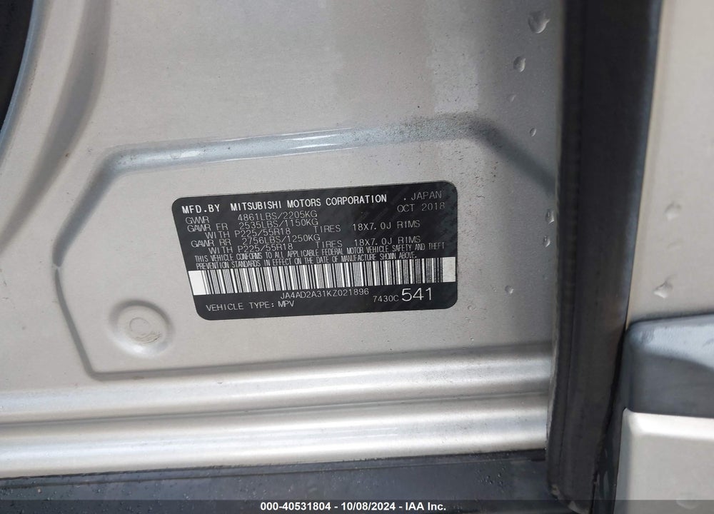 2019 MITSUBISHI OUTLANDER ES VIN: JA4AD2A31KZ021896