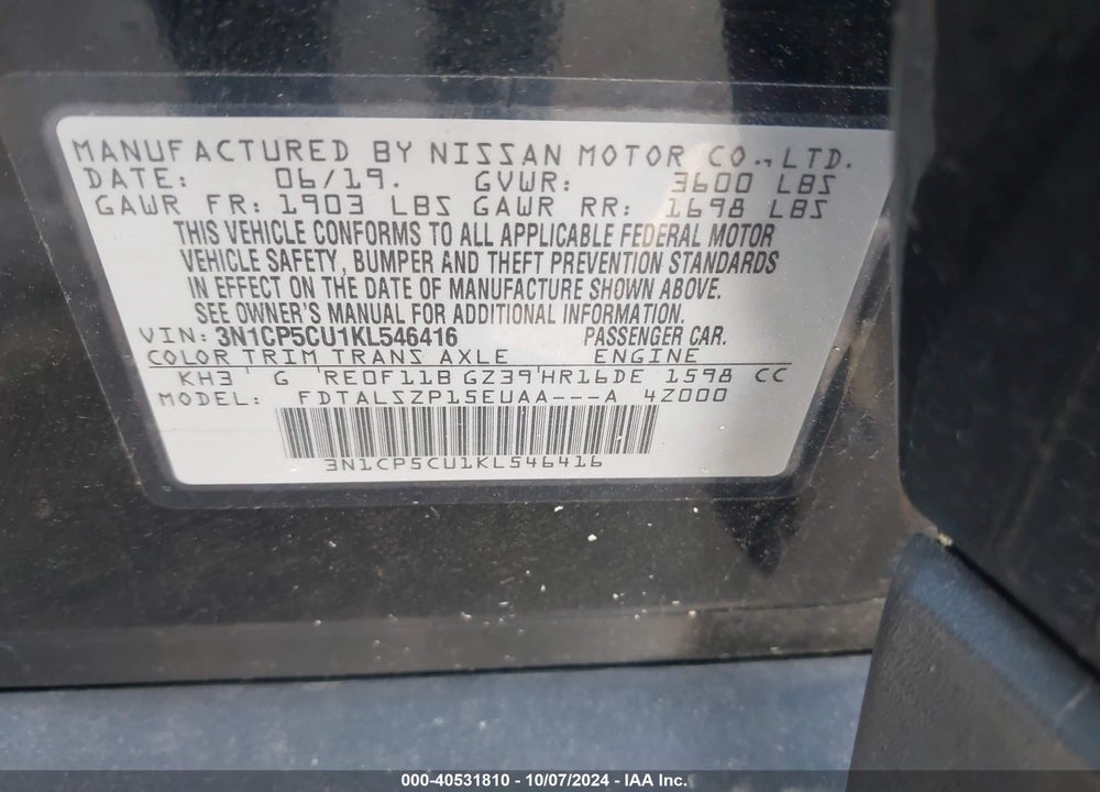 2019 NISSAN KICKS SV VIN: 3N1CP5CU1KL546416
