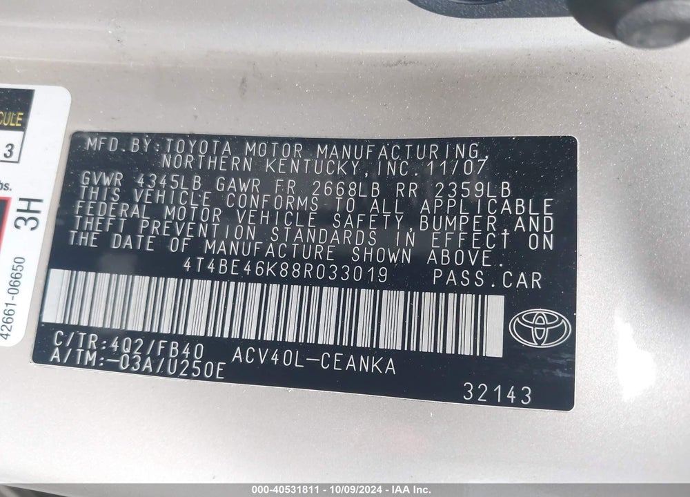 2008 TOYOTA CAMRY VIN: 4T4BE46K88R033019