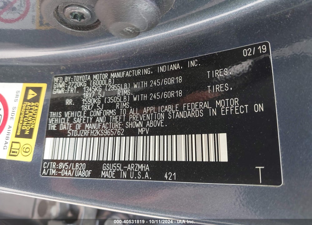 2019 TOYOTA HIGHLANDER XLE VIN: 5TDJZRFH2KS965762