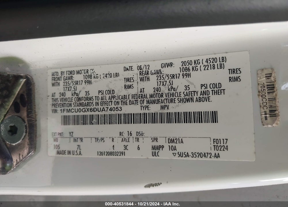 2013 FORD ESCAPE SE VIN: 1FMCU0GX6DUA74053