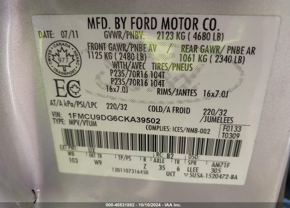 2012 FORD ESCAPE XLT VIN: 1FMCU9DG6CKA39502